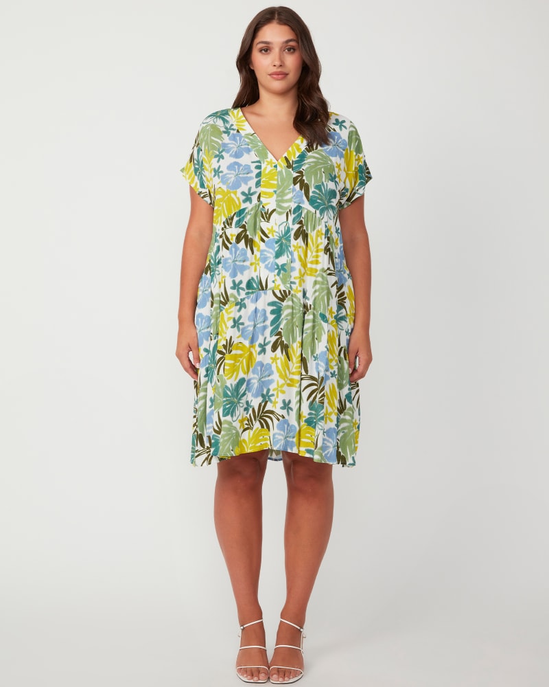 Front of a model wearing a size 16W Antibes Dress in Sky/Citron by Estelle. | dia_product_style_image_id:349542